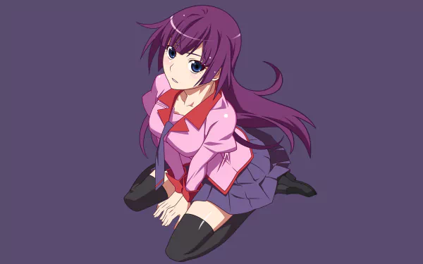 Hitagi Senjōgahara from the Monogatari series kneeling with long purple hair, wearing a pink and purple school uniform on a plain purple background in 4K Ultra HD.