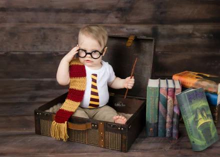 A baby in glasses sits in an open suitcase, wearing a themed scarf and holding a wand, surrounded by colorful books. Captured in a whimsical photography style.