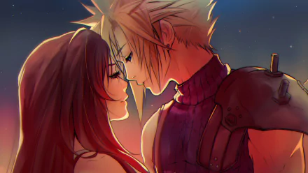 Cloud Strife and Tifa Lockhart share a close moment in this HD wallpaper inspired by Final Fantasy VII, showcasing the iconic characters from the beloved video game.