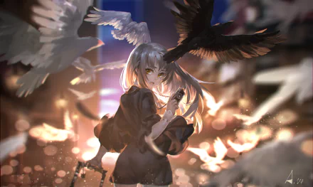 Anime-style HD desktop wallpaper from Pixiv Fantasia Fallen Kings, featuring a character surrounded by dynamic lighting and birds in a dramatic, fantasy setting.