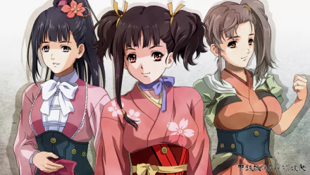 A stylized HD wallpaper featuring Ayame Yomogawa, Kajika, and Mumei from Kabaneri of the Iron Fortress, showcasing their vibrant traditional attire and striking expressions.