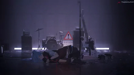 A vibrant HD wallpaper featuring Hatsune Miku, a popular Vocaloid character, set against a concert stage backdrop with musical instruments and dramatic lighting.