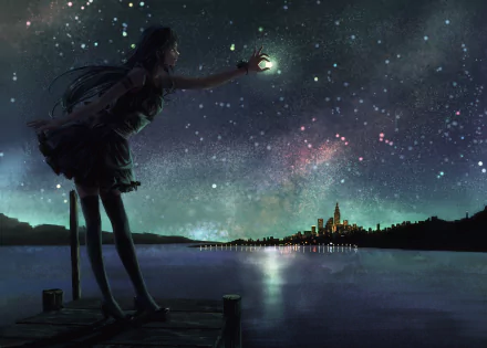 A captivating anime-style wallpaper depicts a girl reaching for a glowing orb under a starry sky, with a serene lake and a distant city skyline in the background.
