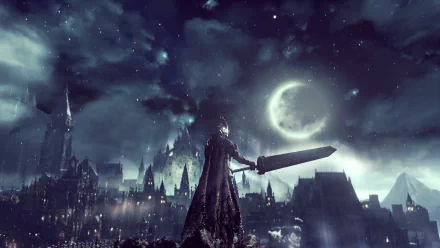 HD PC desktop wallpaper featuring a Dark Souls III scene with a lone armored figure holding a massive sword under a crescent moon in a dark, gothic cityscape.