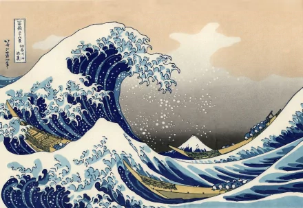 HD desktop wallpaper featuring the famous artwork The Great Wave off Kanagawa showcasing a dramatic wave with Mount Fuji in the background.