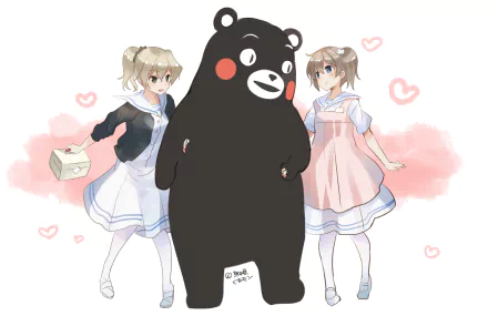 HD desktop wallpaper featuring Yasuko Yamanouchi and Kaori Sawai with blue eyes and blush, wearing skirts and thigh highs, standing beside Kumamon from Hakuisei Renai Shoukougun.