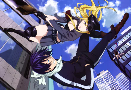 A dynamic HD wallpaper featuring Hiyori Iki, Bishamonten, and Yato from the anime Noragami, showcasing an action-packed scene against a vibrant city backdrop.