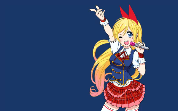 4K Ultra HD PC desktop wallpaper featuring Chitoge Kirisaki from the anime Nisekoi, striking a cheerful pose with a microphone against a solid navy background.