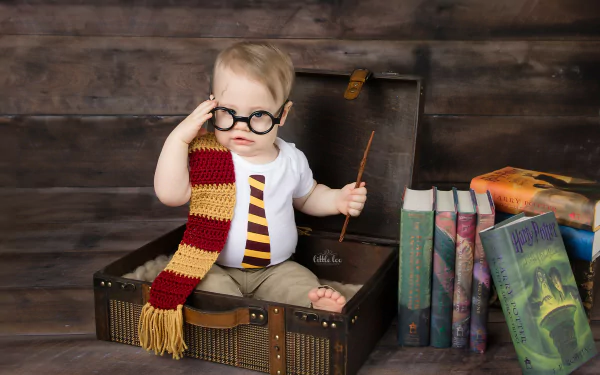 A baby in glasses sits in an open suitcase, wearing a themed scarf and holding a wand, surrounded by colorful books. Captured in a whimsical photography style.