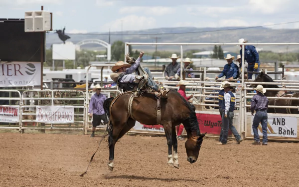 A dynamic rodeo scene in 4K Ultra HD showing a cowboy riding a bucking horse in an outdoor arena with spectators and officials in the background.
