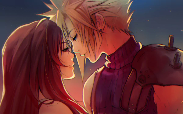 Cloud Strife and Tifa Lockhart share a close moment in this HD wallpaper inspired by Final Fantasy VII, showcasing the iconic characters from the beloved video game.