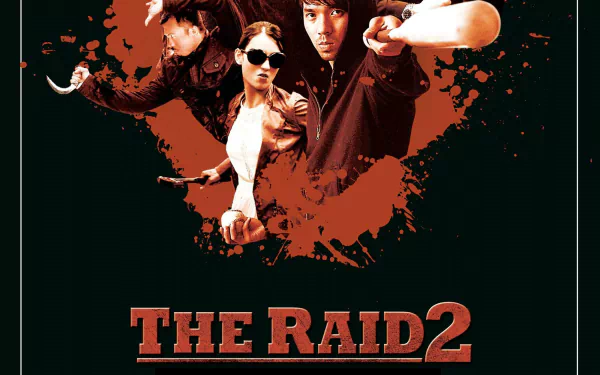 HD PC desktop wallpaper featuring intense action scenes from the movie The Raid 2, showcasing key characters in dynamic poses against a dark background.