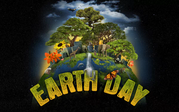 HD PC desktop wallpaper featuring a vibrant Earth with trees, animals, butterflies, and a waterfall, celebrating the holiday Earth Day.