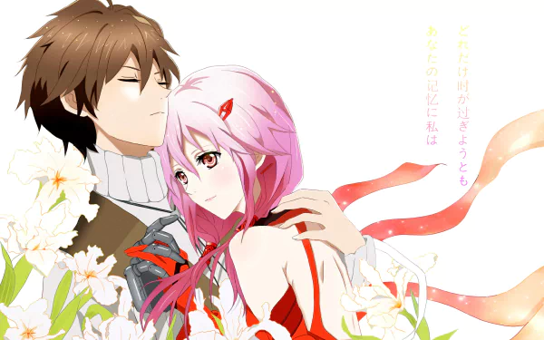 A romantic scene from *Guilty Crown* featuring Inori Yuzuriha with pink hair and Shu Ouma, surrounded by flowers, showcasing emotions of love and tenderness.