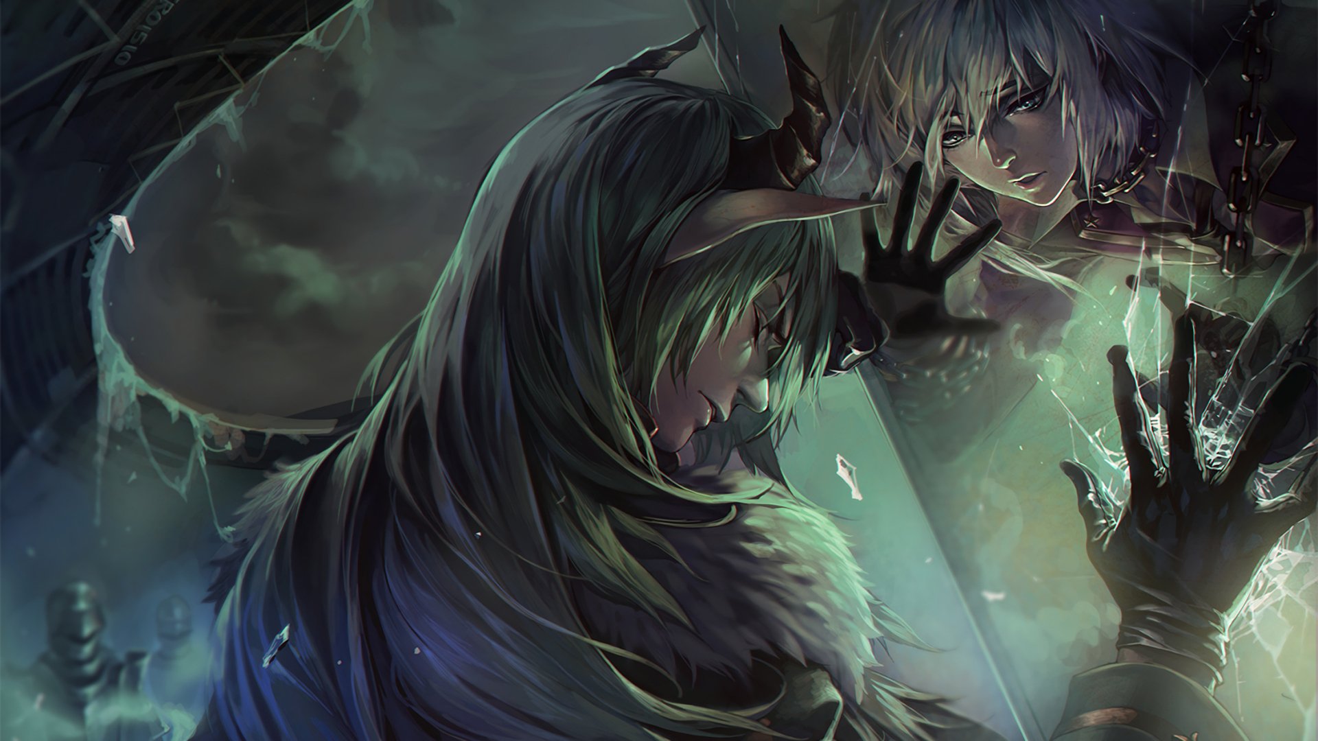 Fantasy-themed HD PC wallpaper depicting two ethereal characters reaching out to each other through a glowing barrier, evoking a sense of deep love and connection.