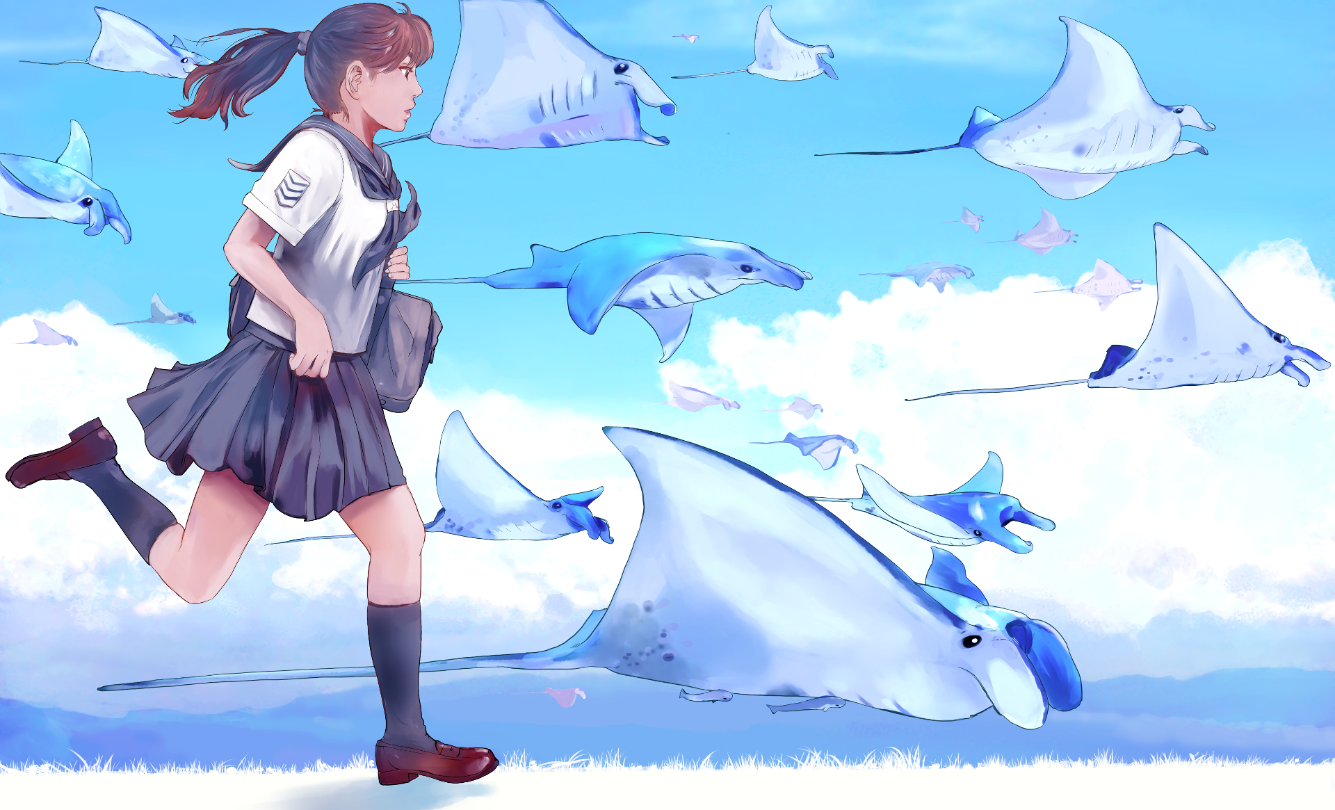 Anime original HD PC desktop wallpaper and background: schoolgirl in a sailor uniform runs across a grassy plain as giant manta rays soar through a bright blue, cloud-streaked sky.
