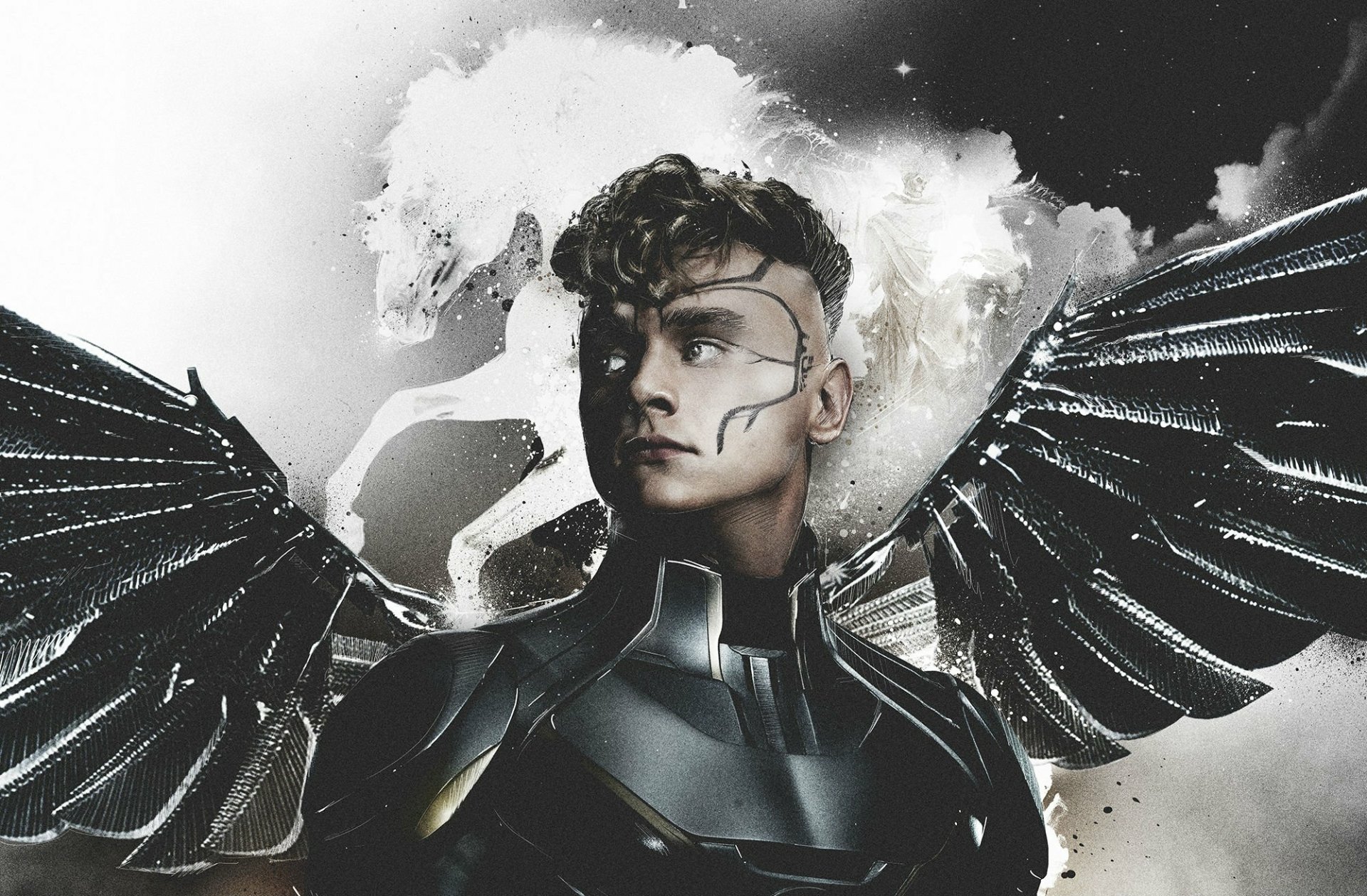 An HD wallpaper featuring Warren Worthington III as Archangel from Marvel Comics, showcasing his metallic wings against a dramatic backdrop from X-Men: Apocalypse.