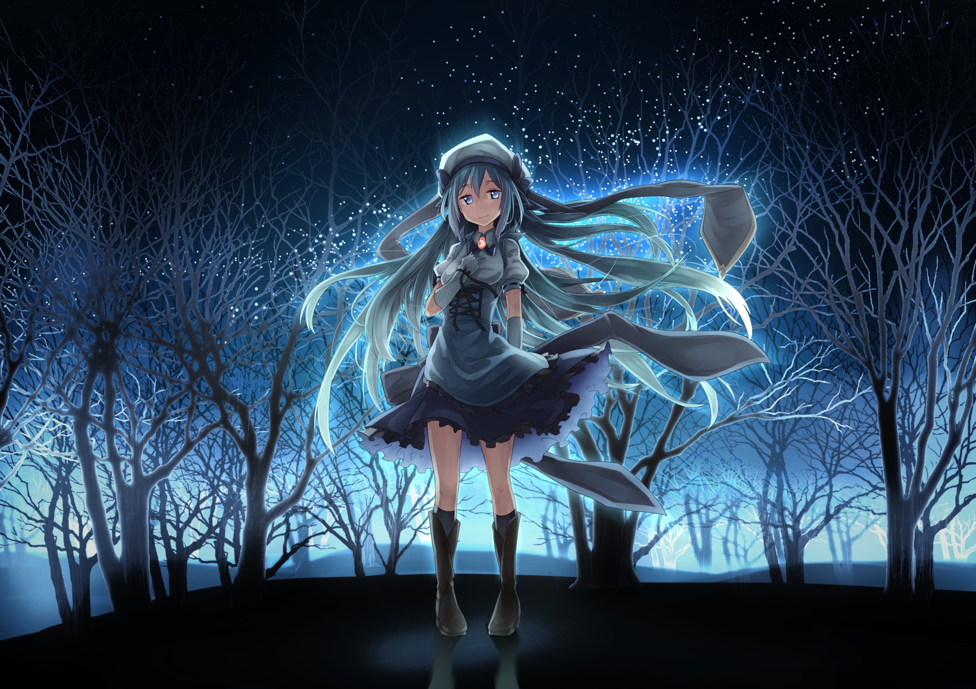 A striking anime girl stands amidst a dark, enchanted forest, illuminated by soft light. The scene captures a fantasy night filled with ethereal beauty and magic.