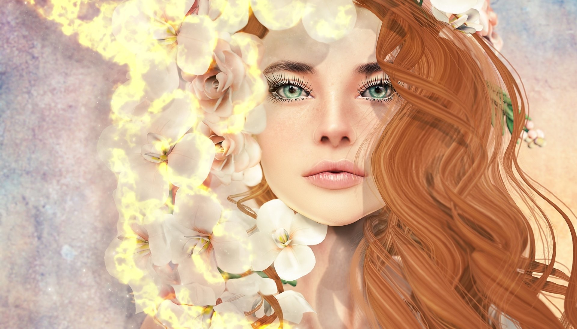 A fantasy woman with striking green eyes and flowing red hair is adorned with delicate flowers, set against a dreamy, ethereal background, creating a captivating HD wallpaper.