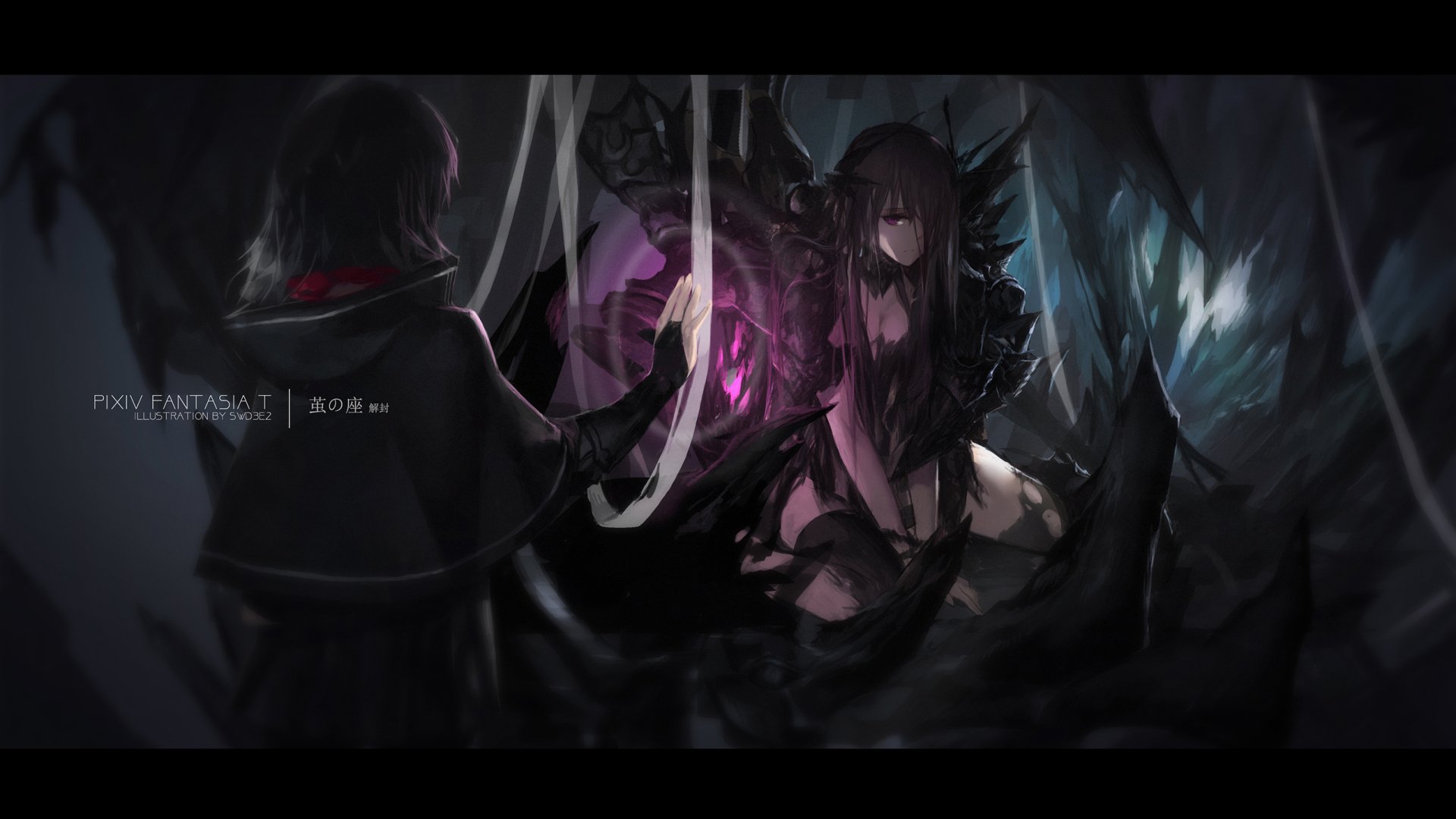 HD PC desktop wallpaper featuring dark, dramatic anime characters from Pixiv Fantasia T, with mystical and fantasy elements in a shadowy, intense scene.