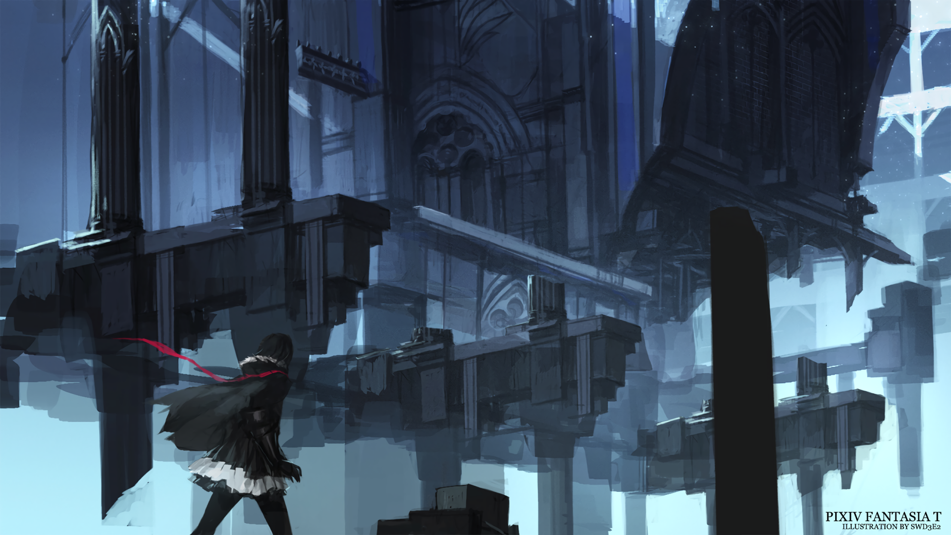 Anime-style HD PC desktop wallpaper from Pixiv Fantasia T, featuring a dark, surreal architectural scene with a small figure in the foreground.