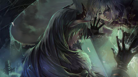 Fantasy-themed HD PC wallpaper depicting two ethereal characters reaching out to each other through a glowing barrier, evoking a sense of deep love and connection.