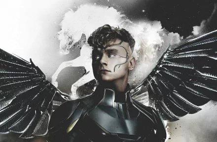 An HD wallpaper featuring Warren Worthington III as Archangel from Marvel Comics, showcasing his metallic wings against a dramatic backdrop from X-Men: Apocalypse.