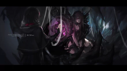 HD PC desktop wallpaper featuring dark, dramatic anime characters from Pixiv Fantasia T, with mystical and fantasy elements in a shadowy, intense scene.