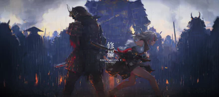 A dynamic HD wallpaper featuring characters from Asura's Wrath and Pixiv Fantasia T, set against a dramatic backdrop of rain and fire, capturing intense action and emotion.