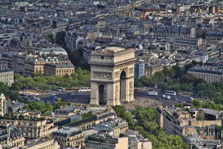 A stunning aerial view of the Arc de Triomphe in Paris, France, showcasing its grandeur amidst the bustling cityscape, captured in vibrant 4K Ultra HD detail.