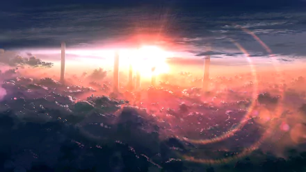 A stunning anime-inspired HD desktop wallpaper features a vibrant sunset illuminating towering formations amidst a sea of clouds, creating a captivating atmosphere.