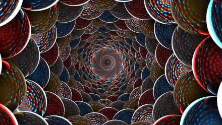 A vibrant 3D CGI swirl of colorful spheres and circles in red, blue, and multicolor, forming an abstract tunnel with a spiraling center, rendered in 4K Ultra HD.