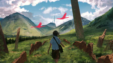 A vibrant anime scene featuring a girl walking through a lush, mountainous landscape, with striking red birds soaring in the sky. This HD wallpaper offers an original and captivating backdrop.