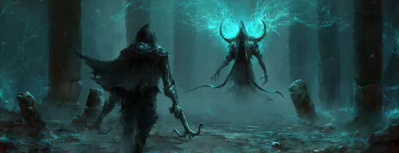 A dramatic scene from Diablo III: Reaper of Souls, featuring a Demon Hunter confronting Malthael amidst an eerie, darkened environment illuminated by blue lightning.