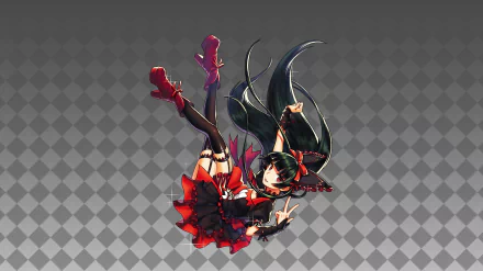 Anime character with long dark hair in a red and black outfit, floating against a checkered gray background. HD desktop wallpaper and background.