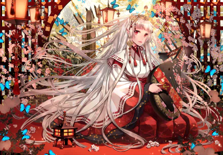 Anime-style original character with long white hair, red eyes, and pointed ears wearing a yukata and headdress, surrounded by cherry blossoms, butterflies, lamps, and traditional Japanese instruments.