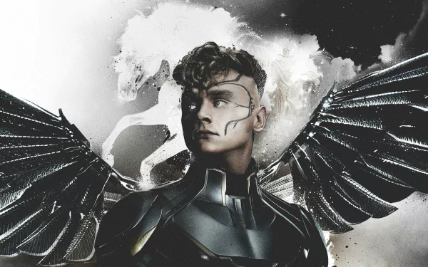 An HD wallpaper featuring Warren Worthington III as Archangel from Marvel Comics, showcasing his metallic wings against a dramatic backdrop from X-Men: Apocalypse.