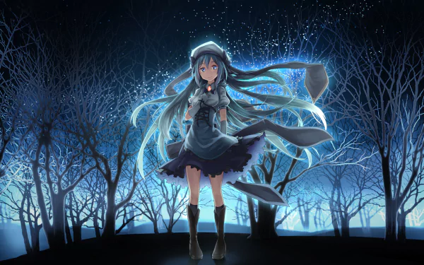 A striking anime girl stands amidst a dark, enchanted forest, illuminated by soft light. The scene captures a fantasy night filled with ethereal beauty and magic.