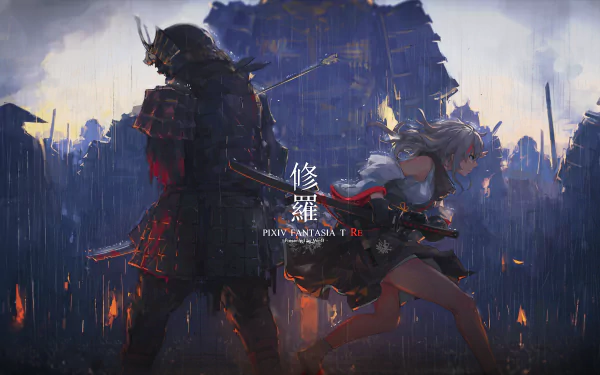 A dynamic HD wallpaper featuring characters from Asura's Wrath and Pixiv Fantasia T, set against a dramatic backdrop of rain and fire, capturing intense action and emotion.
