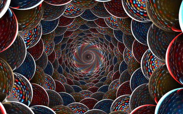 A vibrant 3D CGI swirl of colorful spheres and circles in red, blue, and multicolor, forming an abstract tunnel with a spiraling center, rendered in 4K Ultra HD.