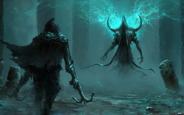 A dramatic scene from Diablo III: Reaper of Souls, featuring a Demon Hunter confronting Malthael amidst an eerie, darkened environment illuminated by blue lightning.