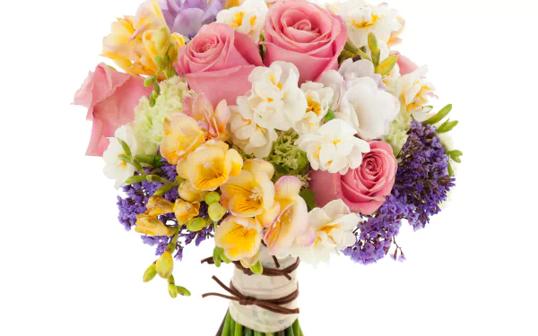 A vibrant bouquet of pink roses, yellow freesias, white flowers, and purple blooms, captured in stunning 4K Ultra HD for PC desktop wallpaper and background.