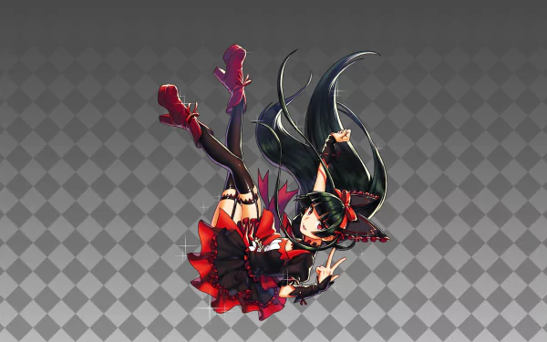 Anime character with long dark hair in a red and black outfit, floating against a checkered gray background. HD desktop wallpaper and background.