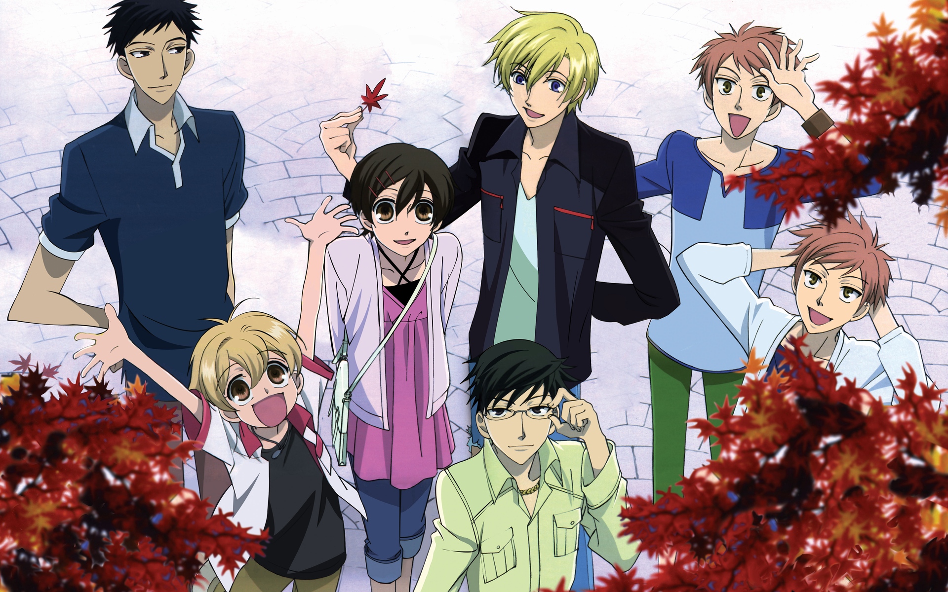 HD desktop wallpaper featuring characters from Ouran High School Host Club with a fall-themed backdrop.
