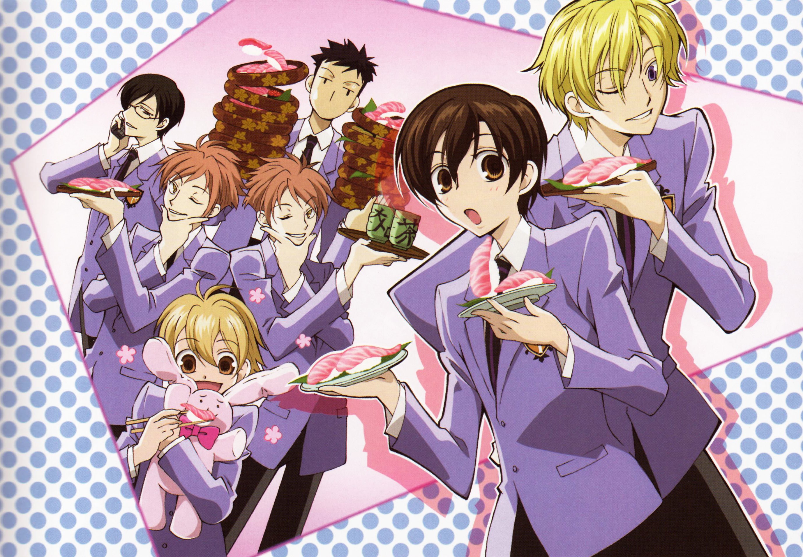 HD desktop wallpaper featuring the characters from Ouran High School Host Club in their signature purple blazers against a polka-dot background.