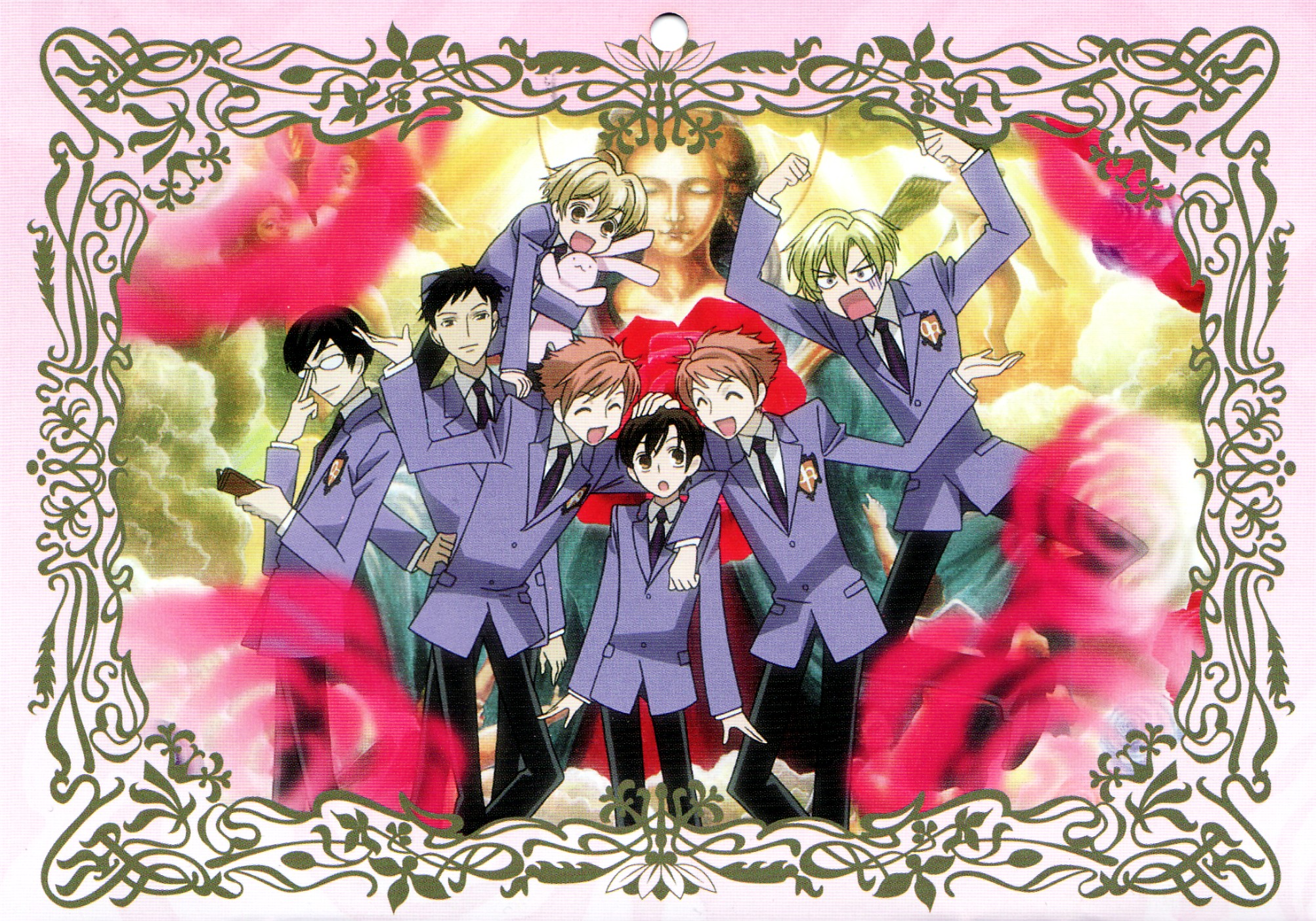 Ouran High School Host Club characters pose together in this colorful HD desktop wallpaper with floral accents.