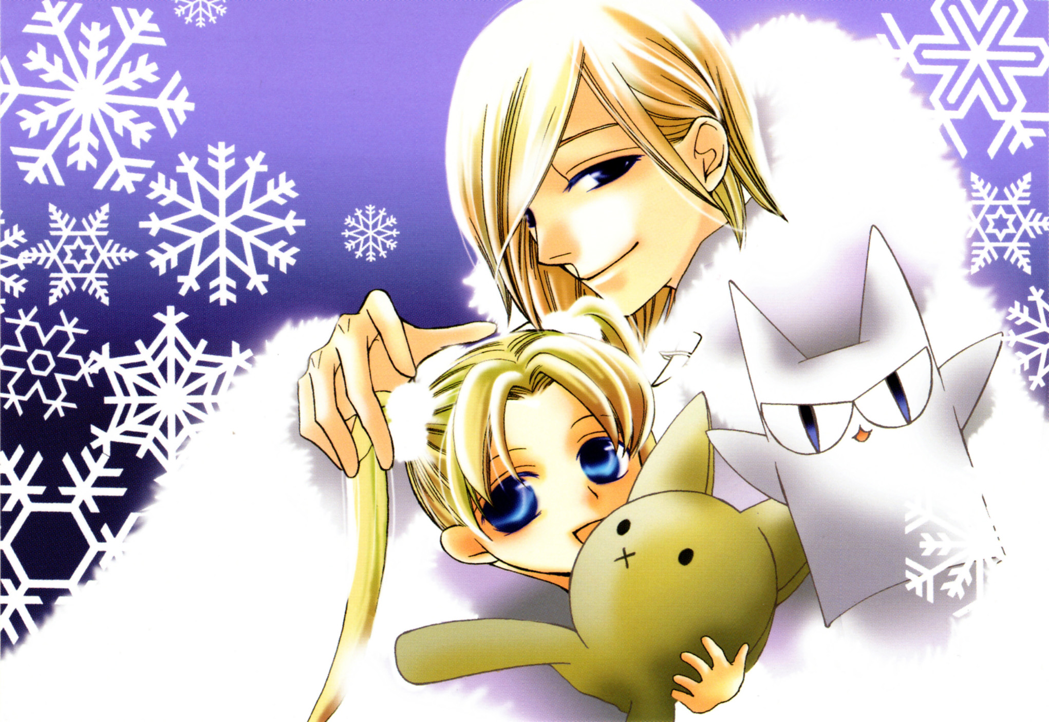 HD Ouran High School Host Club themed desktop wallpaper featuring two characters with plush cat toys on a snowflake-patterned background.