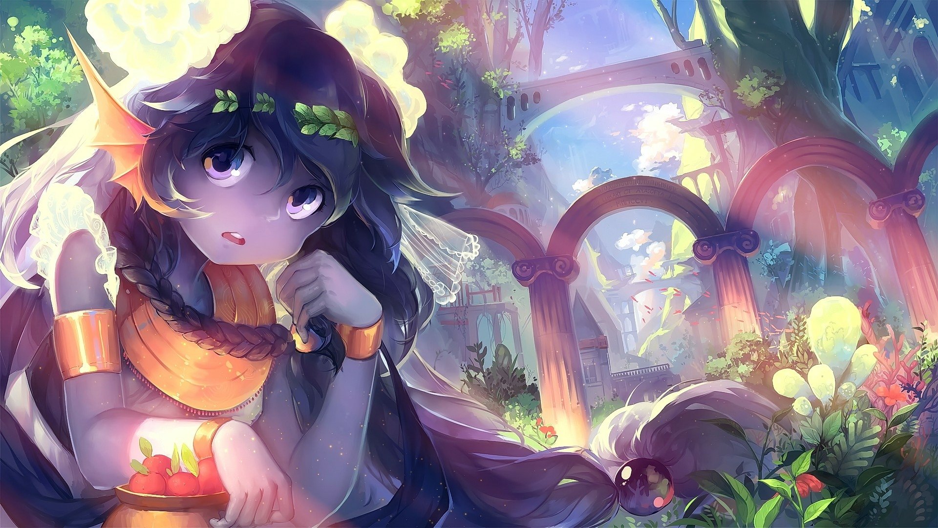 Anime girl with long hair, blue eyes, and a flower crown rests in a vibrant, magical forest with glowing flora and ancient stone arches in this HD PC desktop wallpaper.