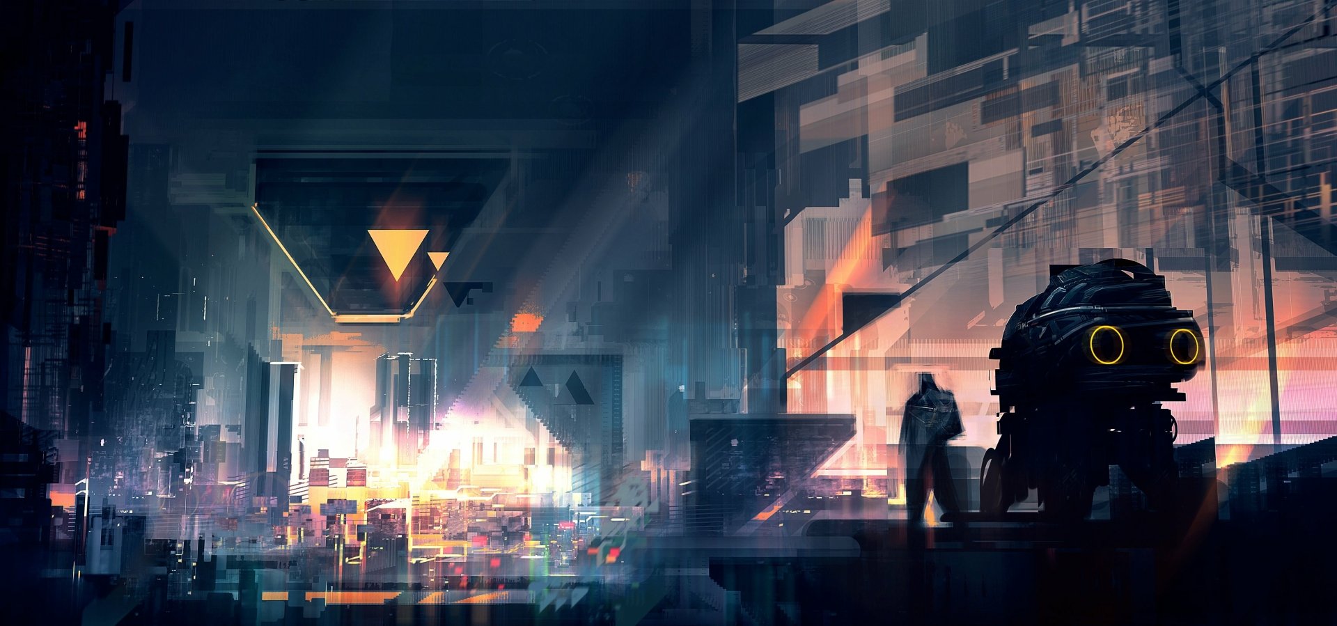 Futuristic sci-fi cityscape at dusk with glowing neon lights and a silhouetted figure next to a vehicle, rendered in high-definition for a PC desktop background.