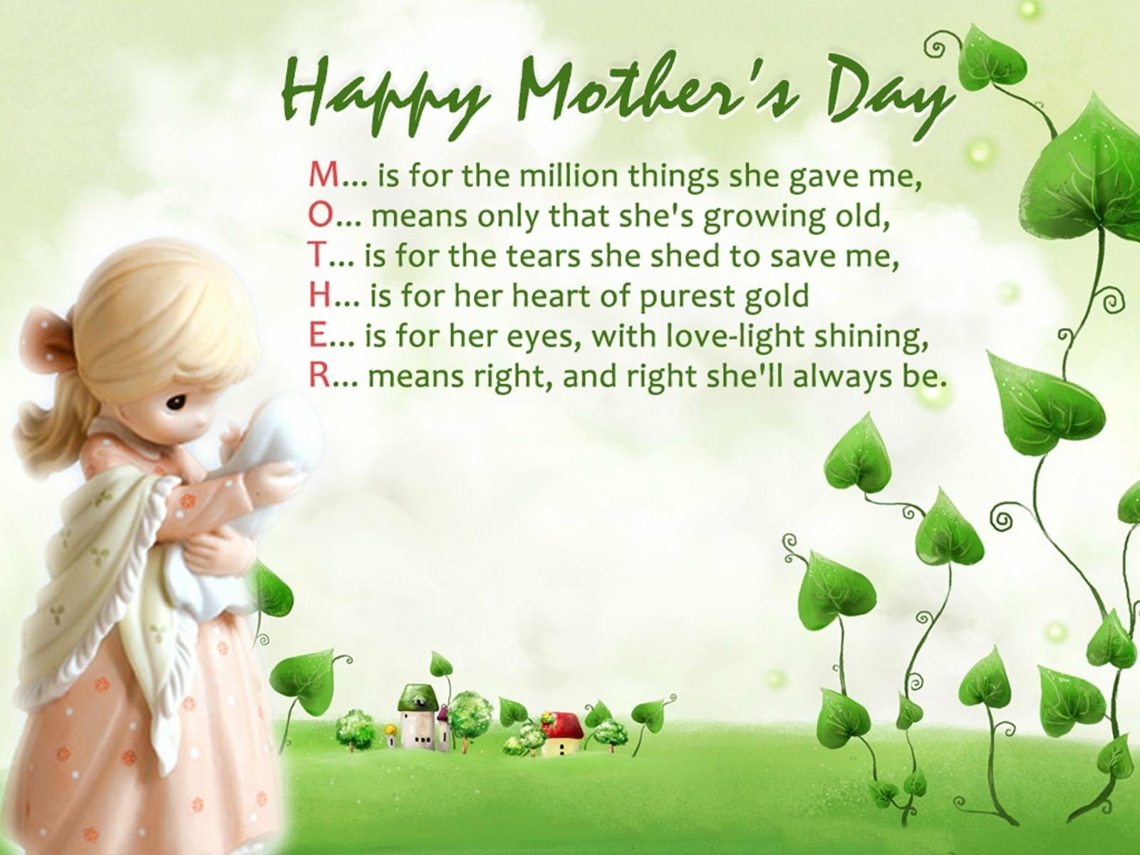HD PC desktop wallpaper featuring a heartfelt Mother's Day message with a baby, greenery, and a poetic acronym celebrating a mother's love.
